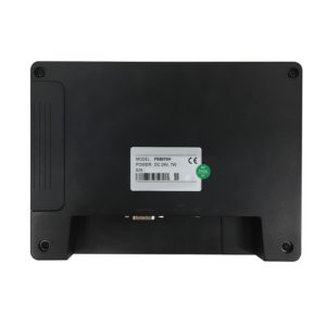 SERIE FE (FE6070H) pannello posteriore in plastica nera, etichetta modello FE6070H, viti agli angoli, connettori inferiori e logo CE.