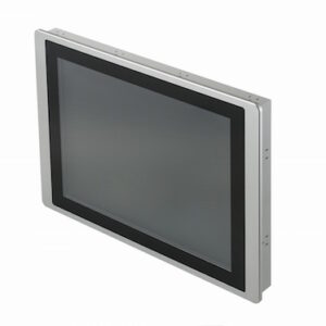 SERIE PT2 (PT2150-51ST) monitor tattile industriale con telaio in alluminio, cornice argentata e connettori posteriori visibili.