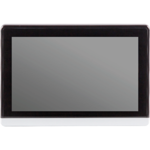 SERIE FE (FE007) display touchscreen con cornice nera, pannello LCD in vetro, corpo in plastica e base metallica.