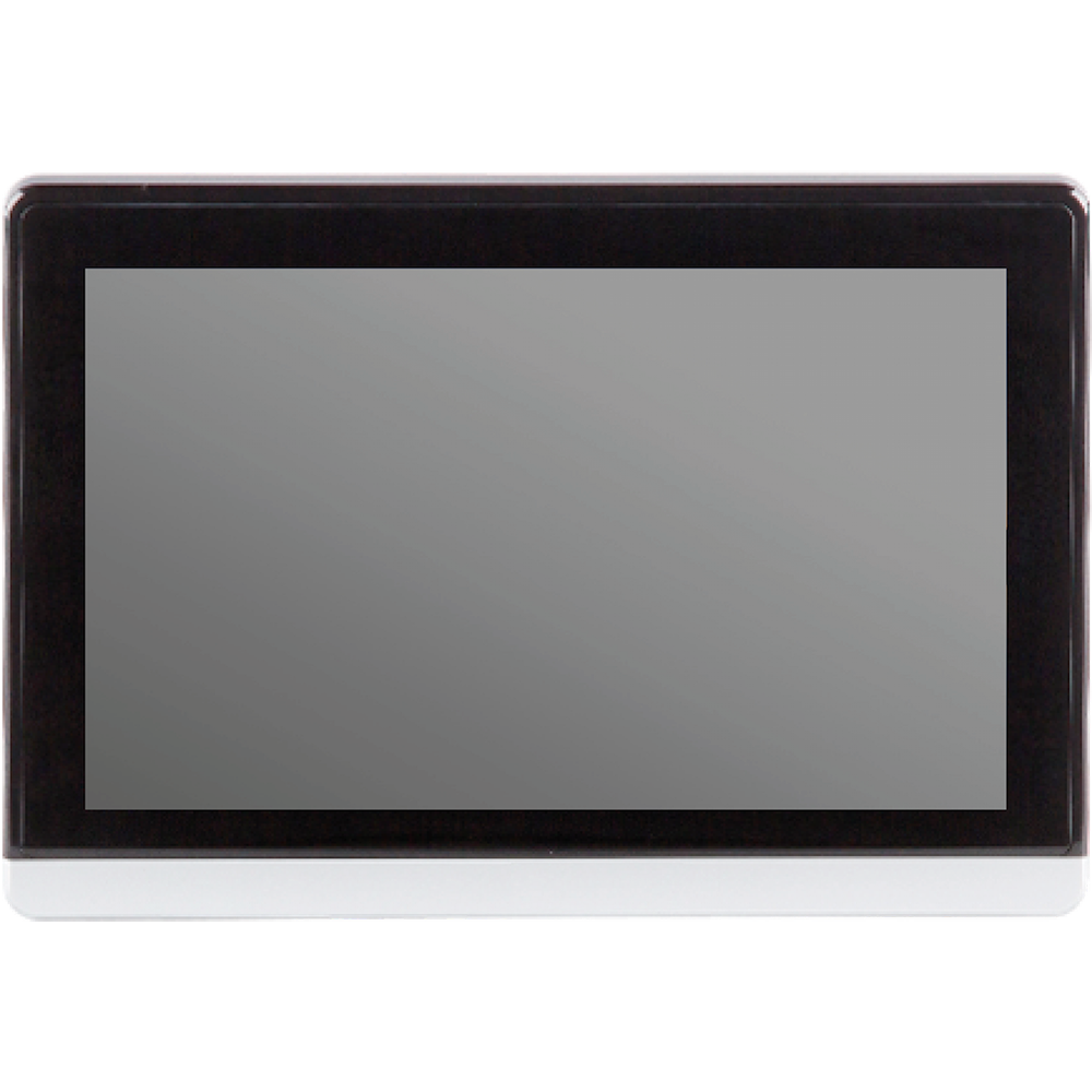 SERIE FE (FE007) display touchscreen con cornice nera, pannello LCD in vetro, corpo in plastica e base metallica.