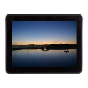 SERIE FE (FE010) display LCD touchscreen con telaio in alluminio, cornice nera e bordi arrotondati, componenti visibili limitati