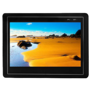 SERIE FE (FE4043C) monitor industriale LCD nero con cornice in plastica, schermo panoramico che mostra un paesaggio sabbioso; bordo sottile e cornice argentata minimalista