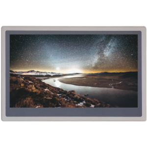 SERIE FE (FE6156H) monitor industriale LCD 15'' con cornice in alluminio, connessioni non visibili, paesaggio notturno sul display